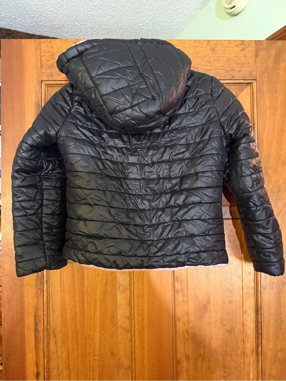Michael Kors Girls 7/8 Black Puffer Jacket Pink Sherpa Hood Rose Gold